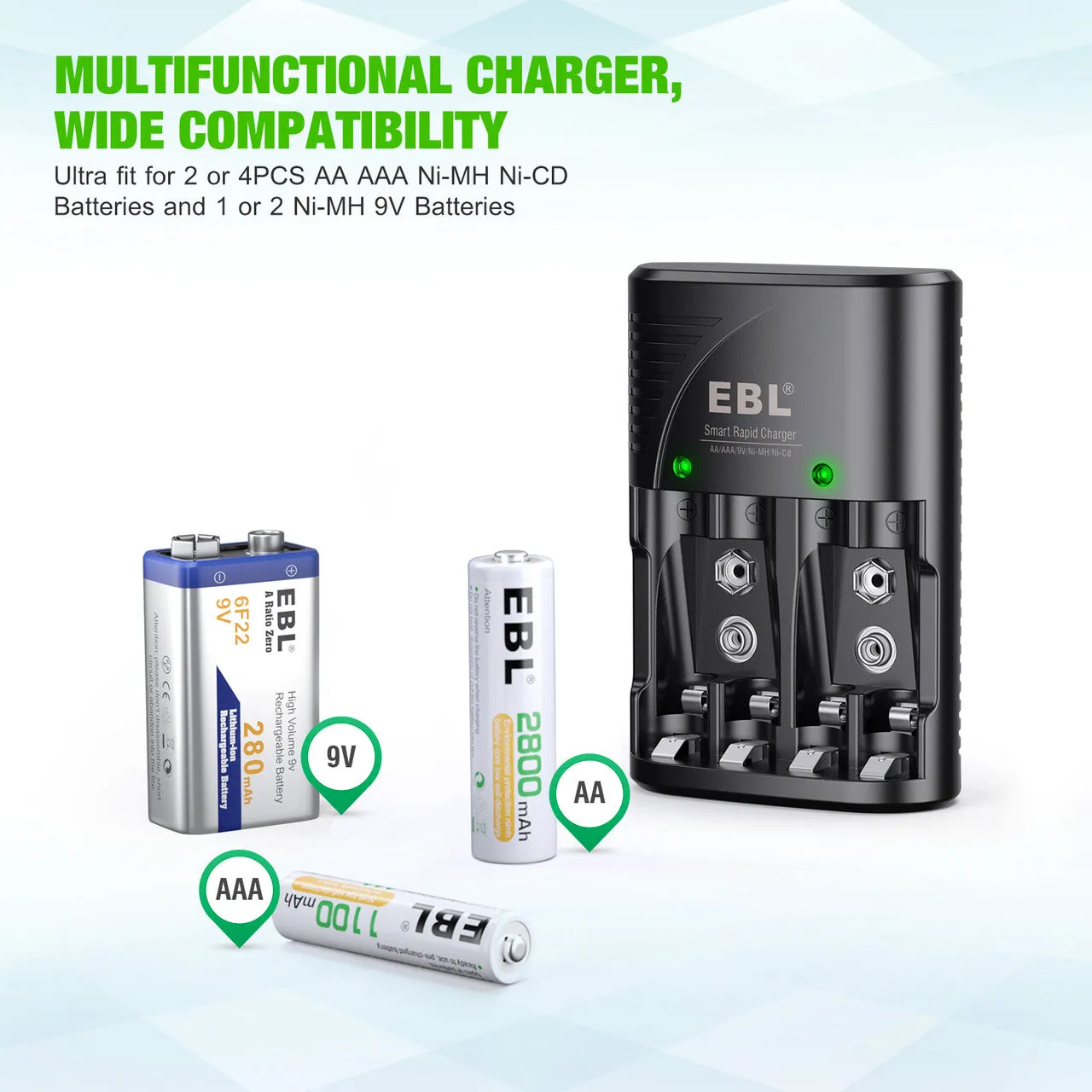 EBL 802 Smart Battery Charger for 9V AA AAA Ni-MH Ni-CD Rechargeable Batteries