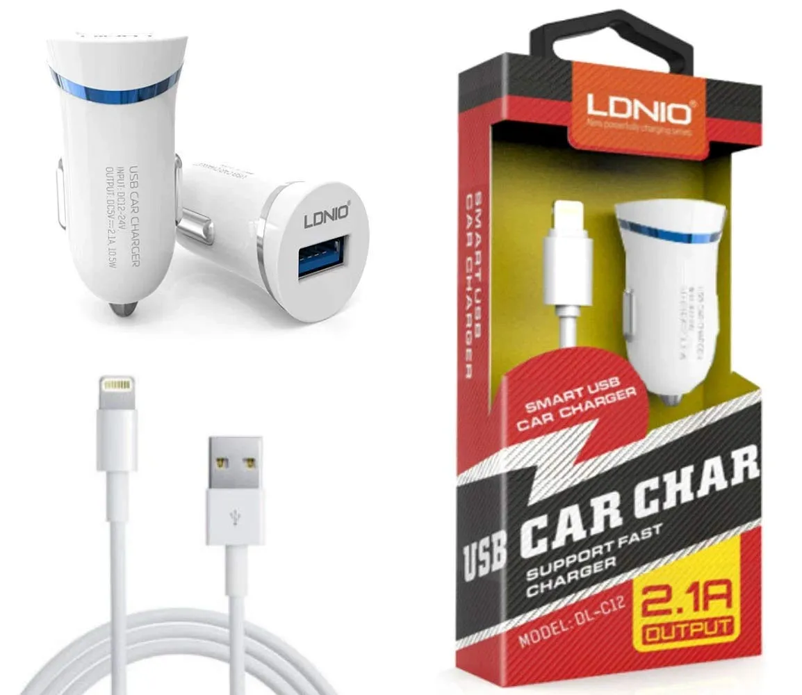 LDNIO Fast Car Charger DL-C12 5V 2.1A Single USB Charger With Android Cable - Compatible with iPhone USB Charging Cable