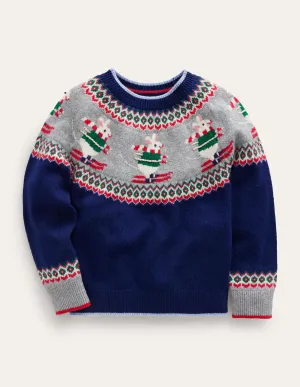 Novelty Fair Isle Jumper-French Navy Skiing Mice