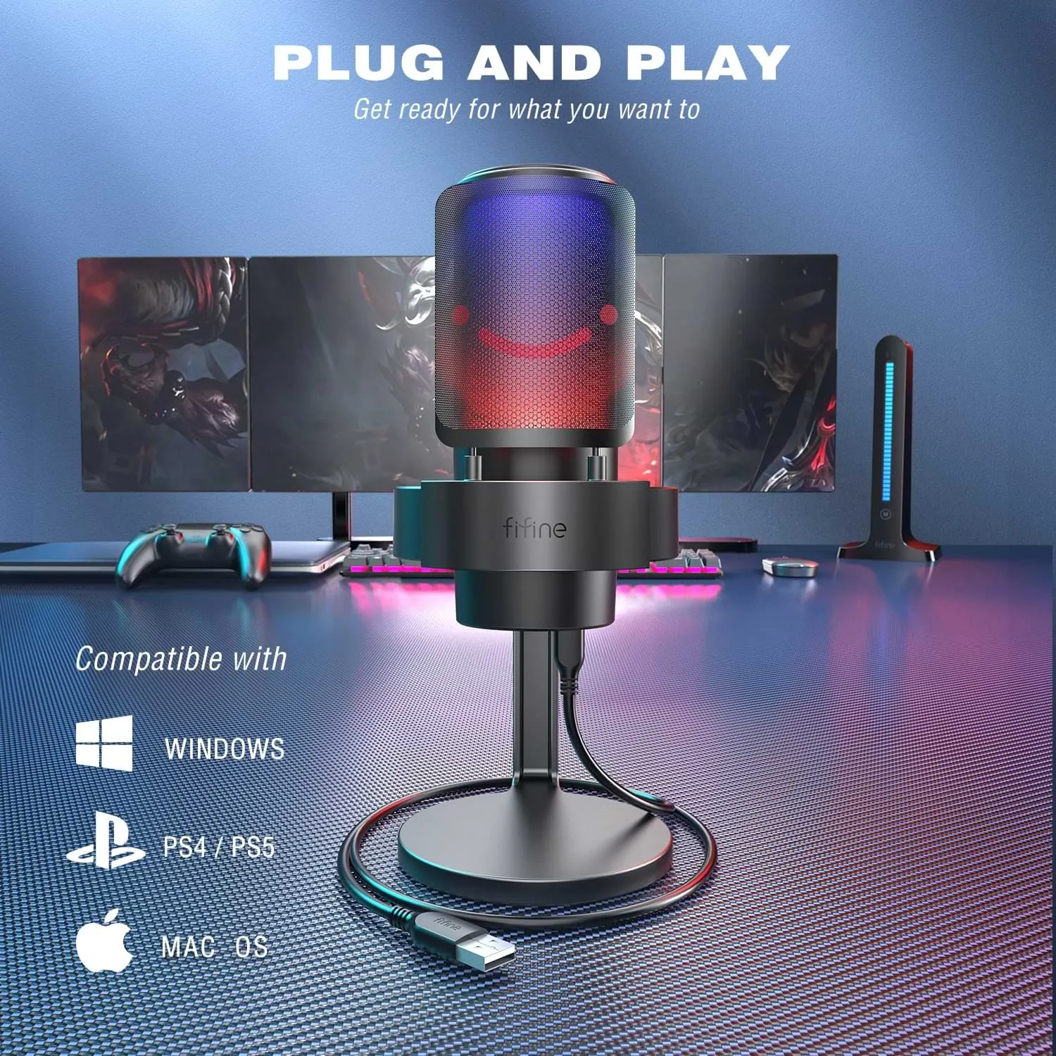 USB Microphone with RGB Modes, Headphone Output & Touch-Mute