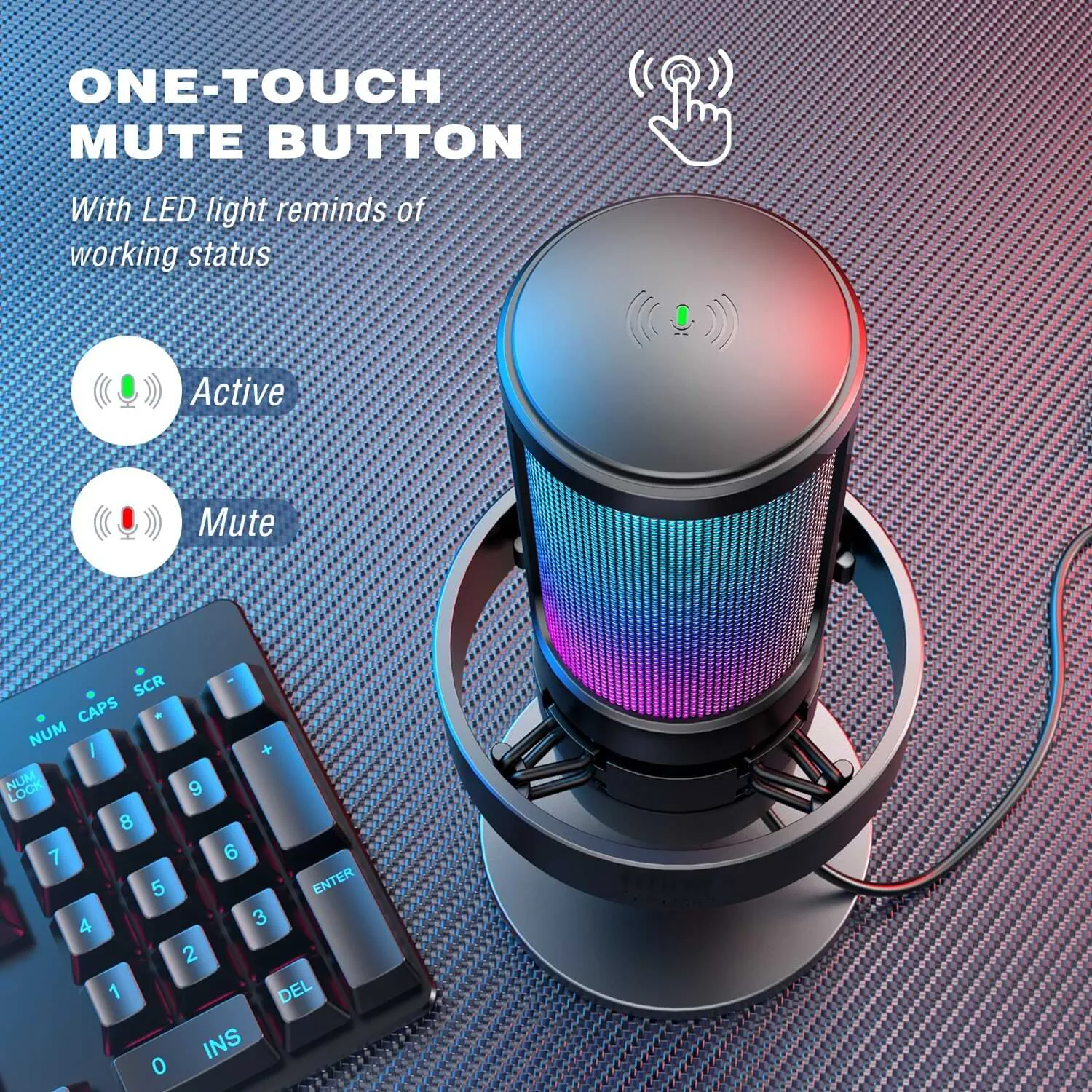 USB Microphone with RGB Modes, Headphone Output & Touch-Mute