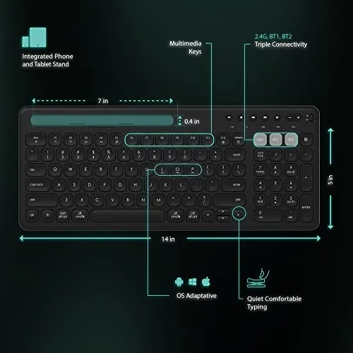 Vortec Wireless Multi Device Bluetooth Keyboard Includes Phone Tablet Holder