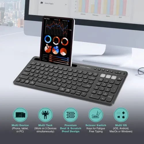 Vortec Wireless Multi Device Bluetooth Keyboard Includes Phone Tablet Holder
